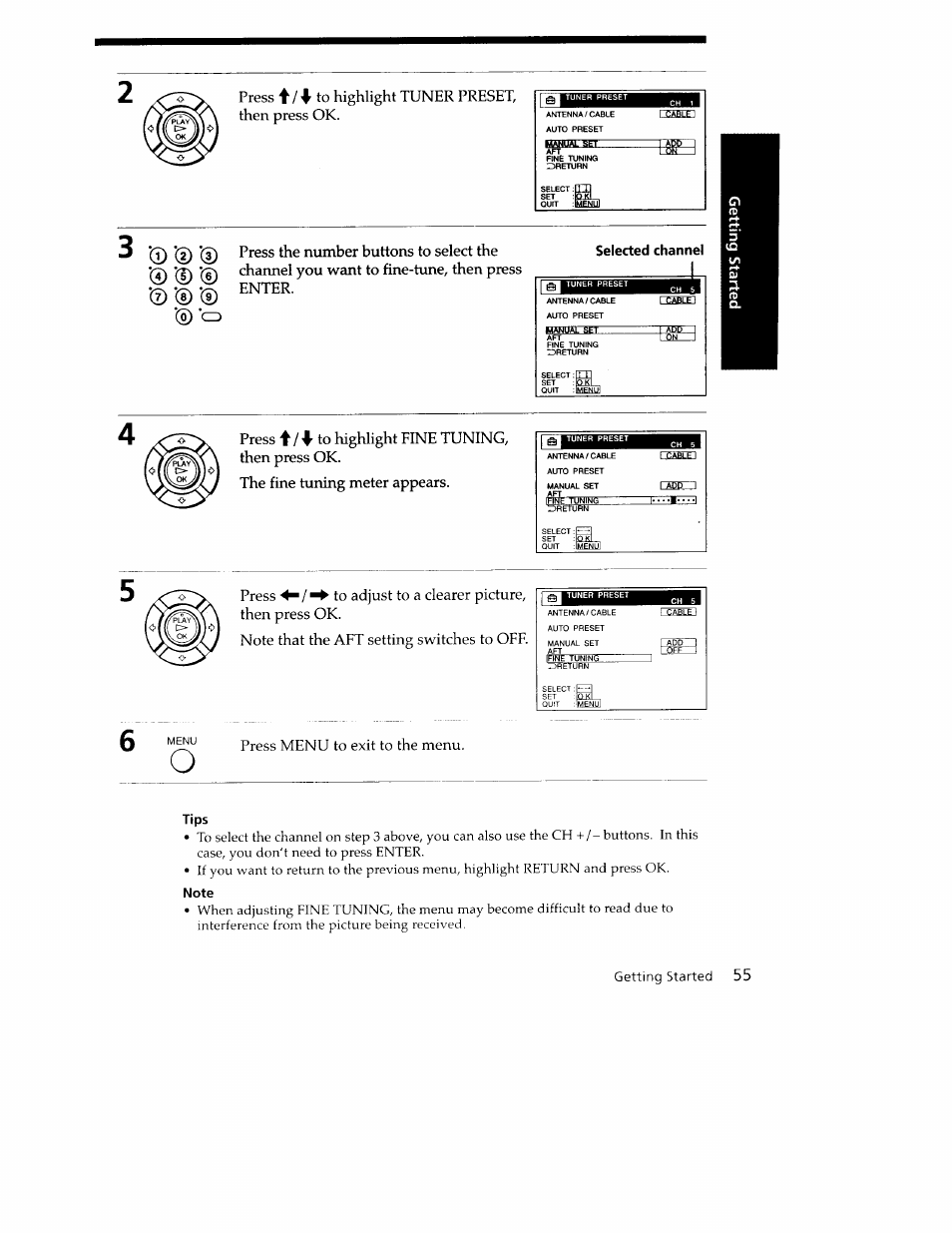 Selected channel, Tips, Getting started | Sony SLV-779HF User Manual | Page 55 / 100