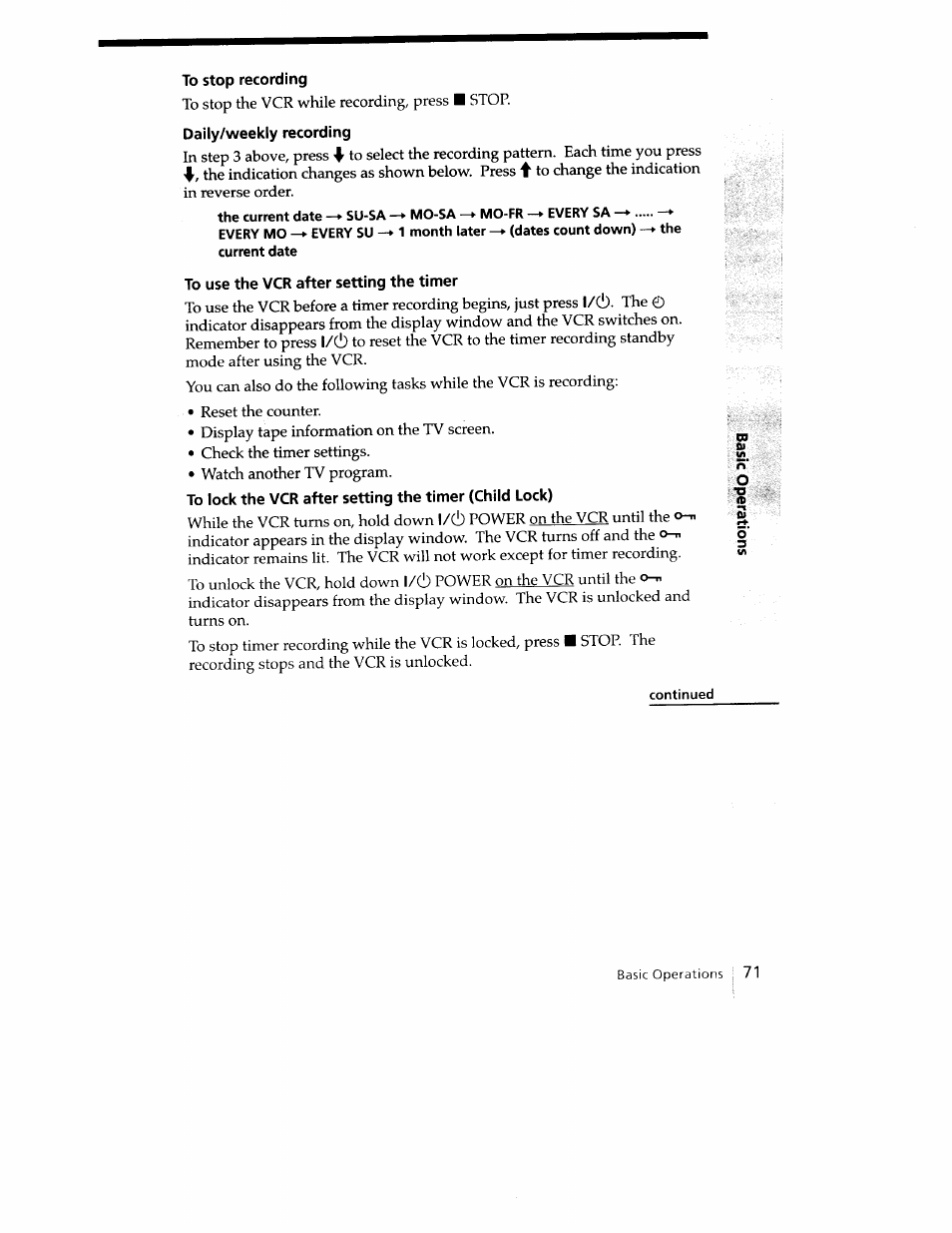 To stop recording, Daily/weekly recording, To use the vcr after setting the timer | Sony SLV-779HF User Manual | Page 71 / 100