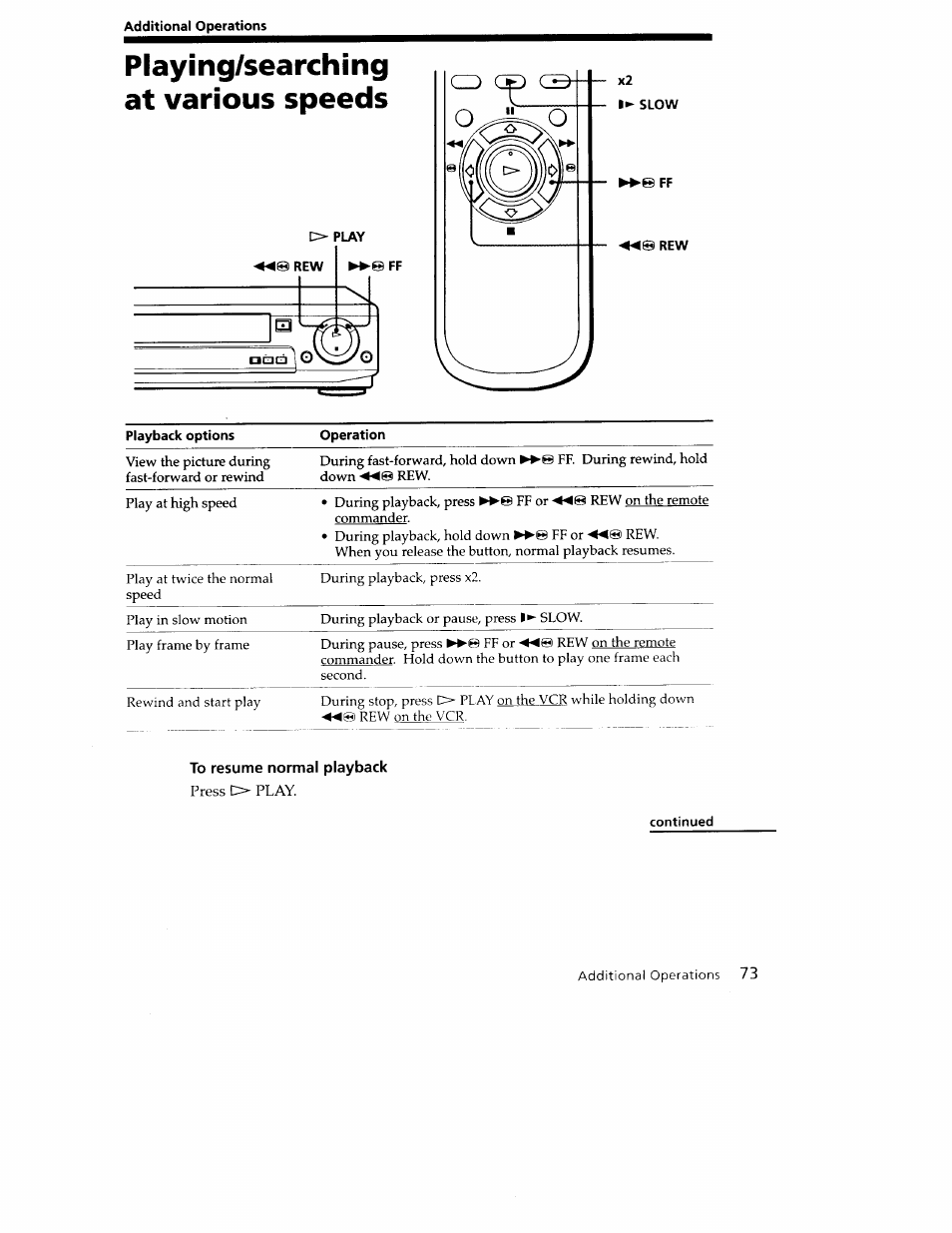 Playing/searching at various speeds, O play, Slow | To resume normal playback | Sony SLV-779HF User Manual | Page 73 / 100