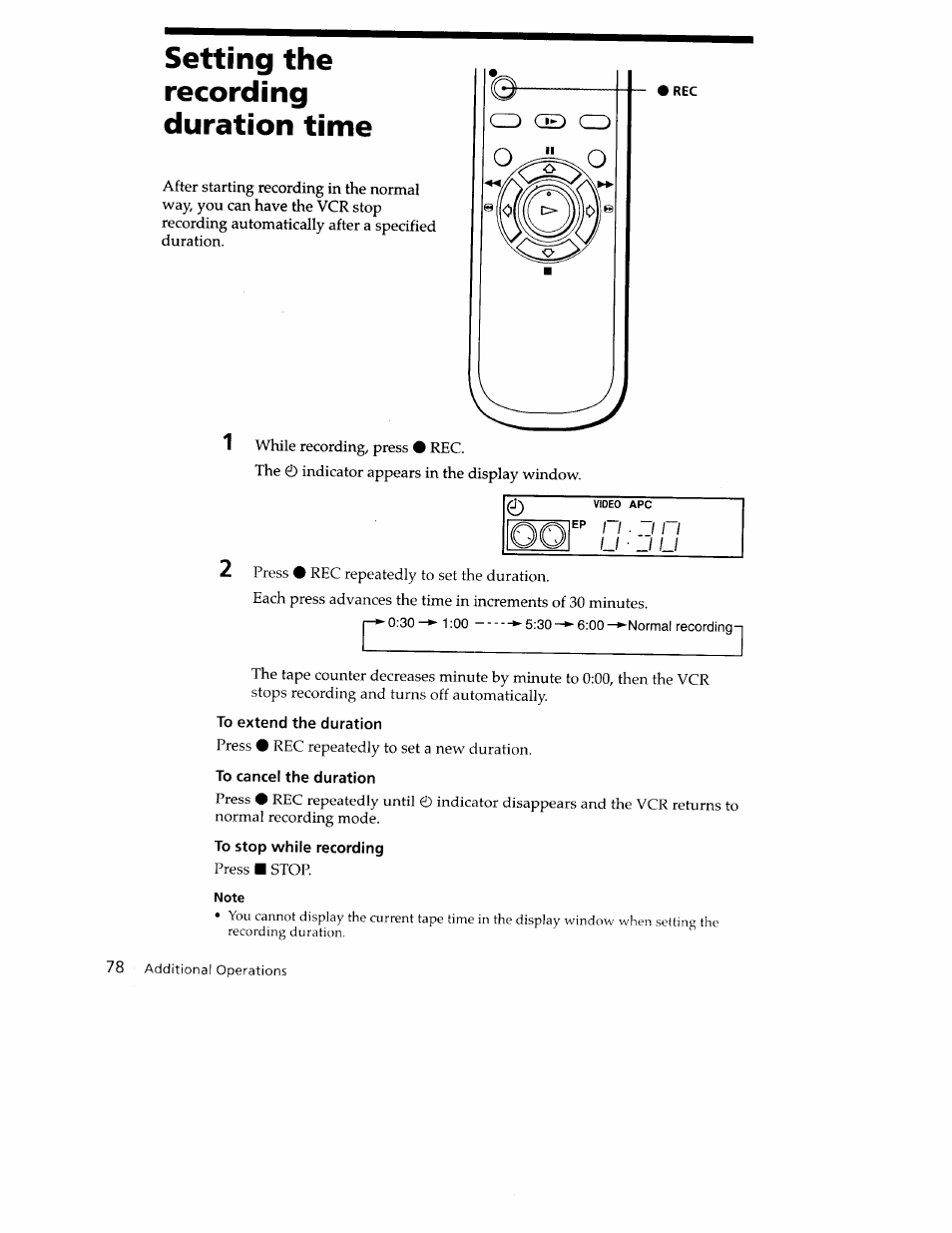 Setting the recording duration time, To extend the duration, To cancel the duration | To stop while recording | Sony SLV-779HF User Manual | Page 78 / 100