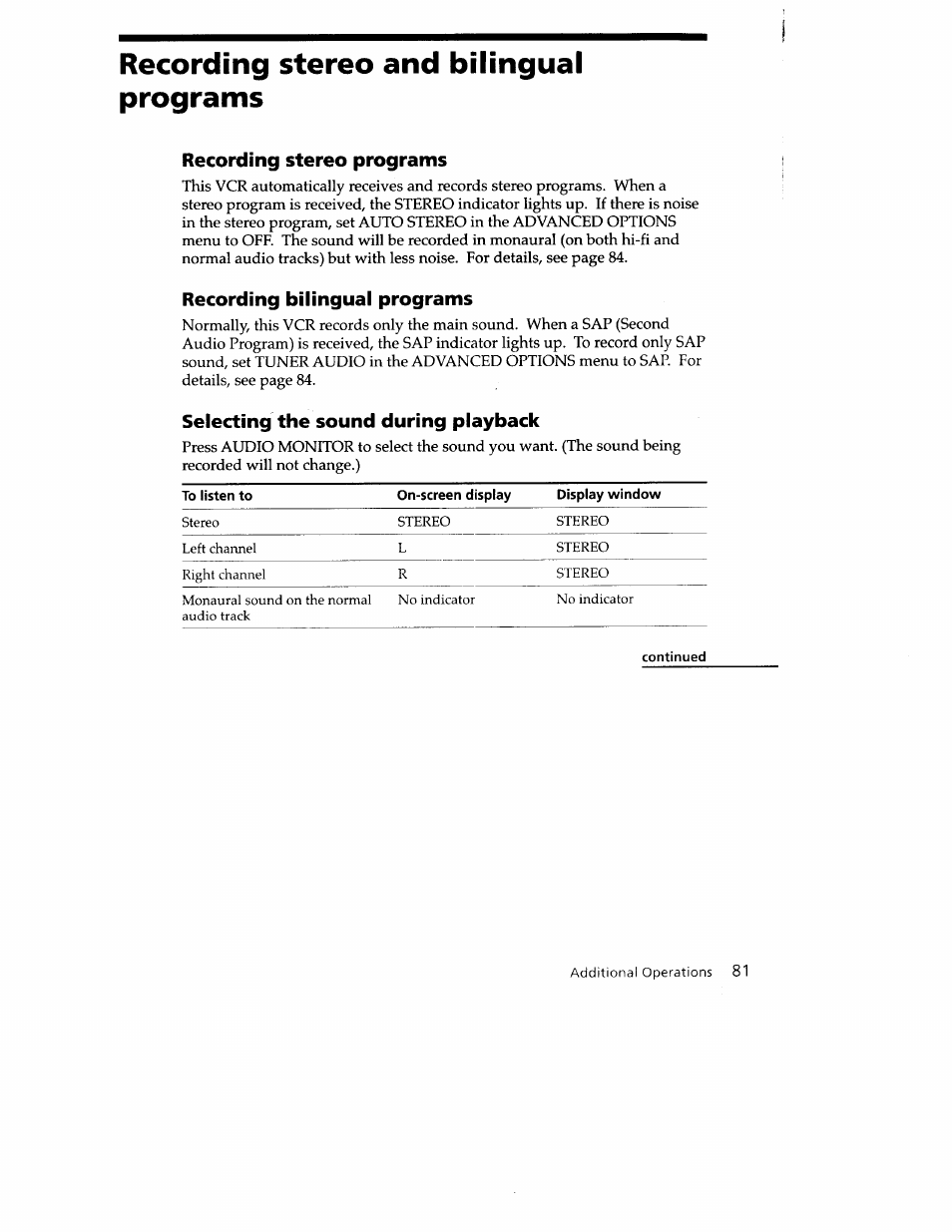 Recording stereo and bilingual programs, Recording stereo programs, Recording bilingual programs | Selecting the sound during playback | Sony SLV-779HF User Manual | Page 81 / 100