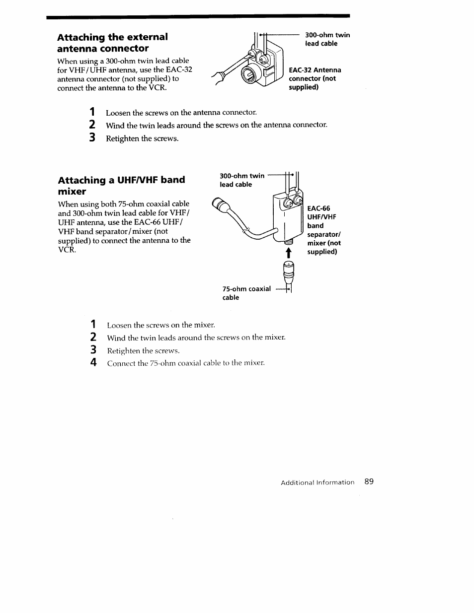 Attaching the external antenna connector, Attaching a uhfaahf band mixer | Sony SLV-779HF User Manual | Page 89 / 100