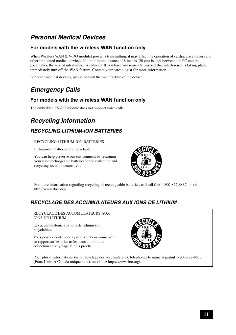 Personal medical devices, Emergency calls, Recycling information | Sony VGN-P588E User Manual | Page 11 / 24