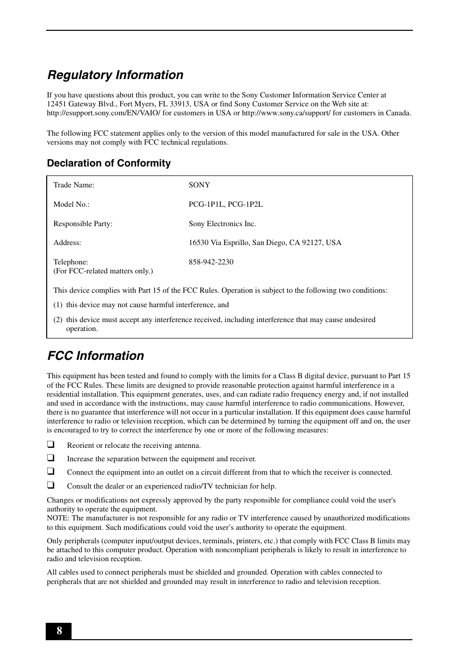 Regulatory information, Fcc information, Declaration of conformity | Sony VGN-P588E User Manual | Page 8 / 24