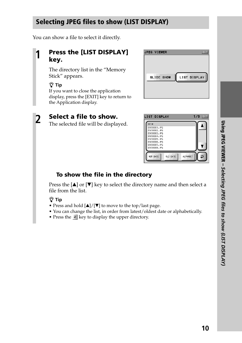 Selecting jpeg files to show (list display) | Sony RM-NX7000 User Manual | Page 10 / 12