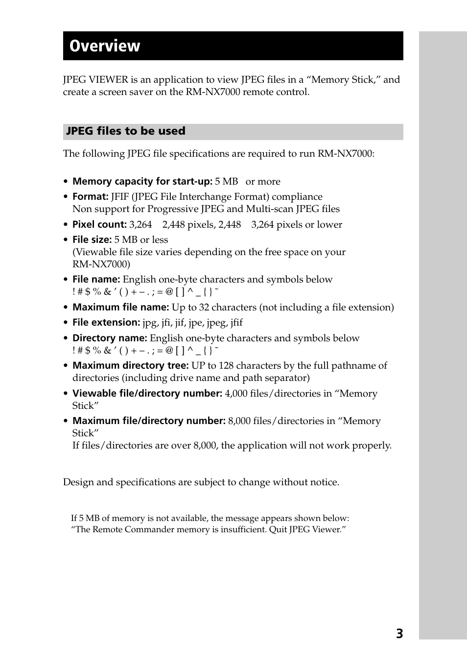 Overview, Jpeg files to be used | Sony RM-NX7000 User Manual | Page 3 / 12