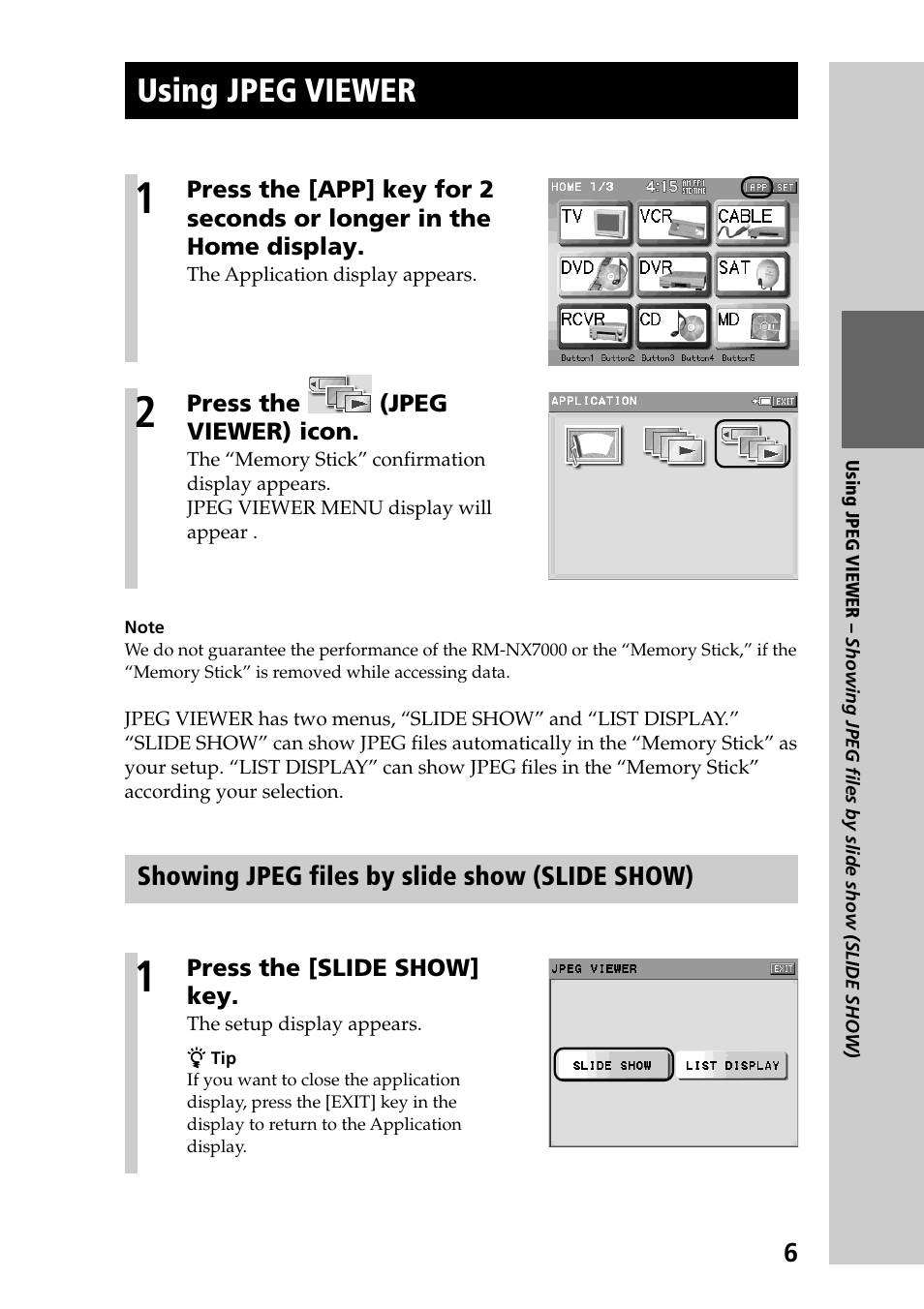 Using jpeg viewer, Showing jpeg files by slide show (slide show) | Sony RM-NX7000 User Manual | Page 6 / 12