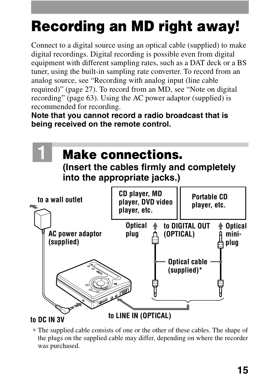 Recording an md right away, Make connections | Sony MZ-G750 User Manual | Page 15 / 76