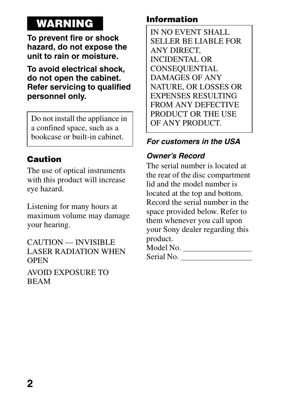 Warning | Sony MZ-G750 User Manual | Page 2 / 76