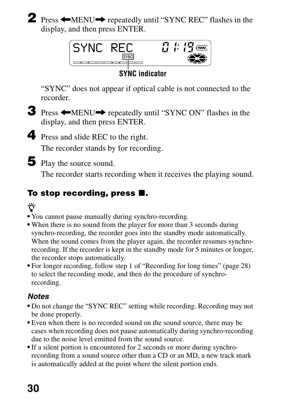 Sync rec | Sony MZ-G750 User Manual | Page 30 / 76