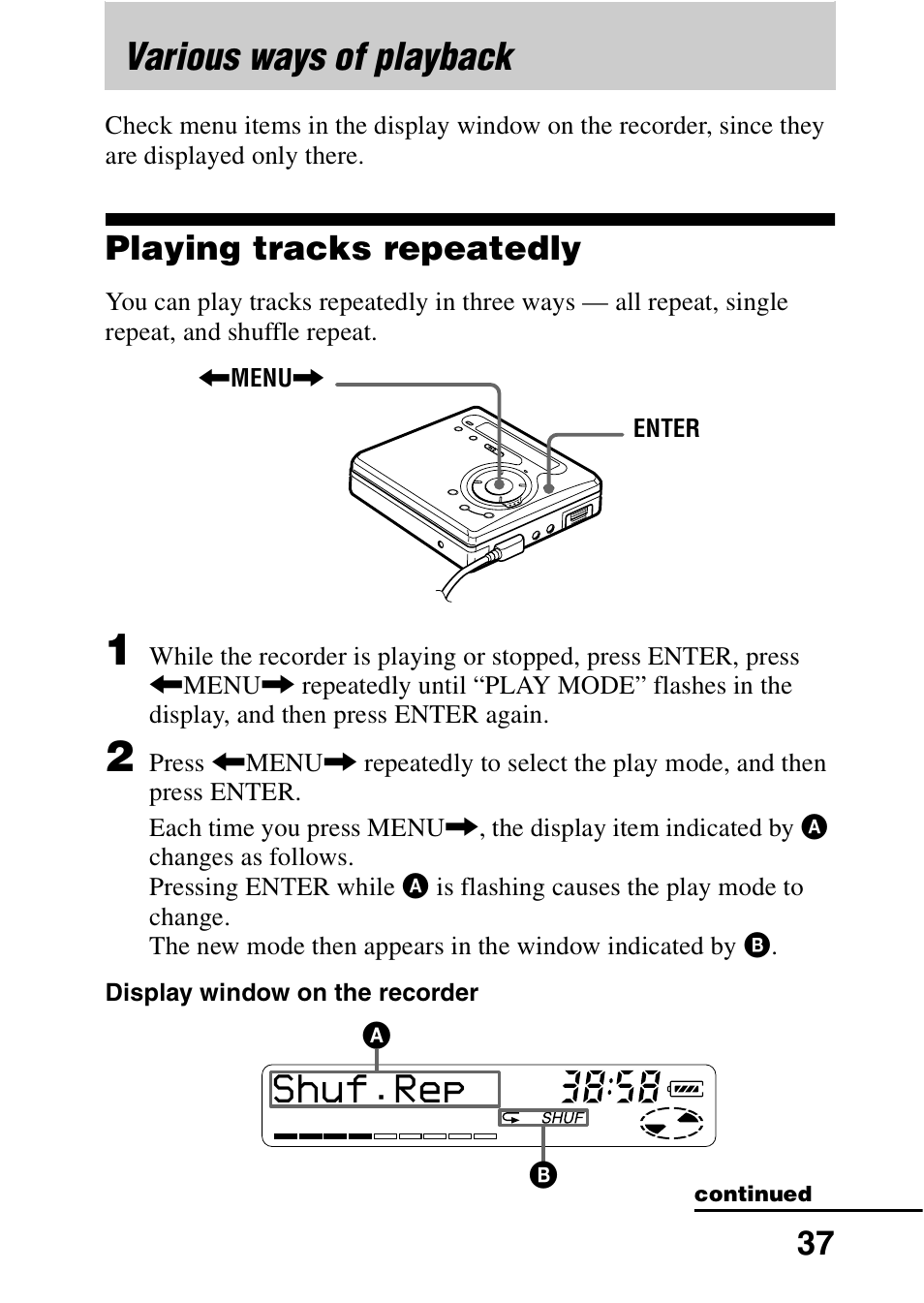 Various ways of playback, Playing tracks repeatedly, Shuf.rep | Sony MZ-G750 User Manual | Page 37 / 76