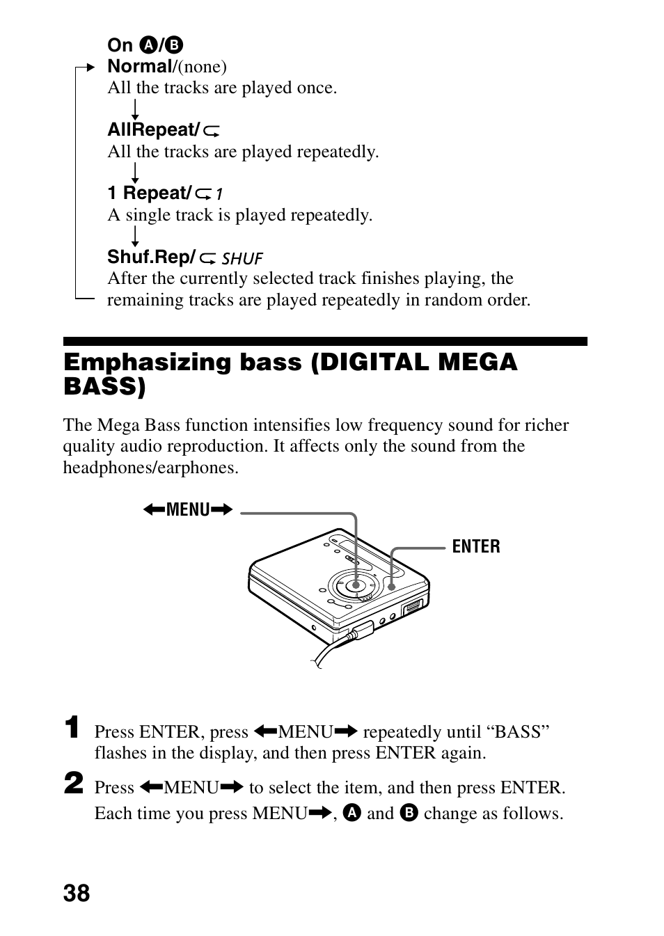 Emphasizing bass (digital mega bass) | Sony MZ-G750 User Manual | Page 38 / 76