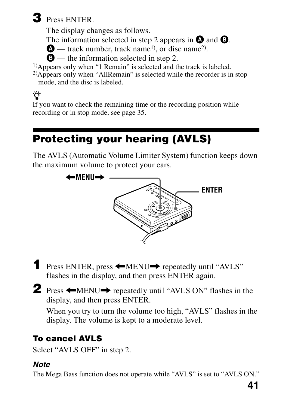 Protecting your hearing (avls), On (41) | Sony MZ-G750 User Manual | Page 41 / 76
