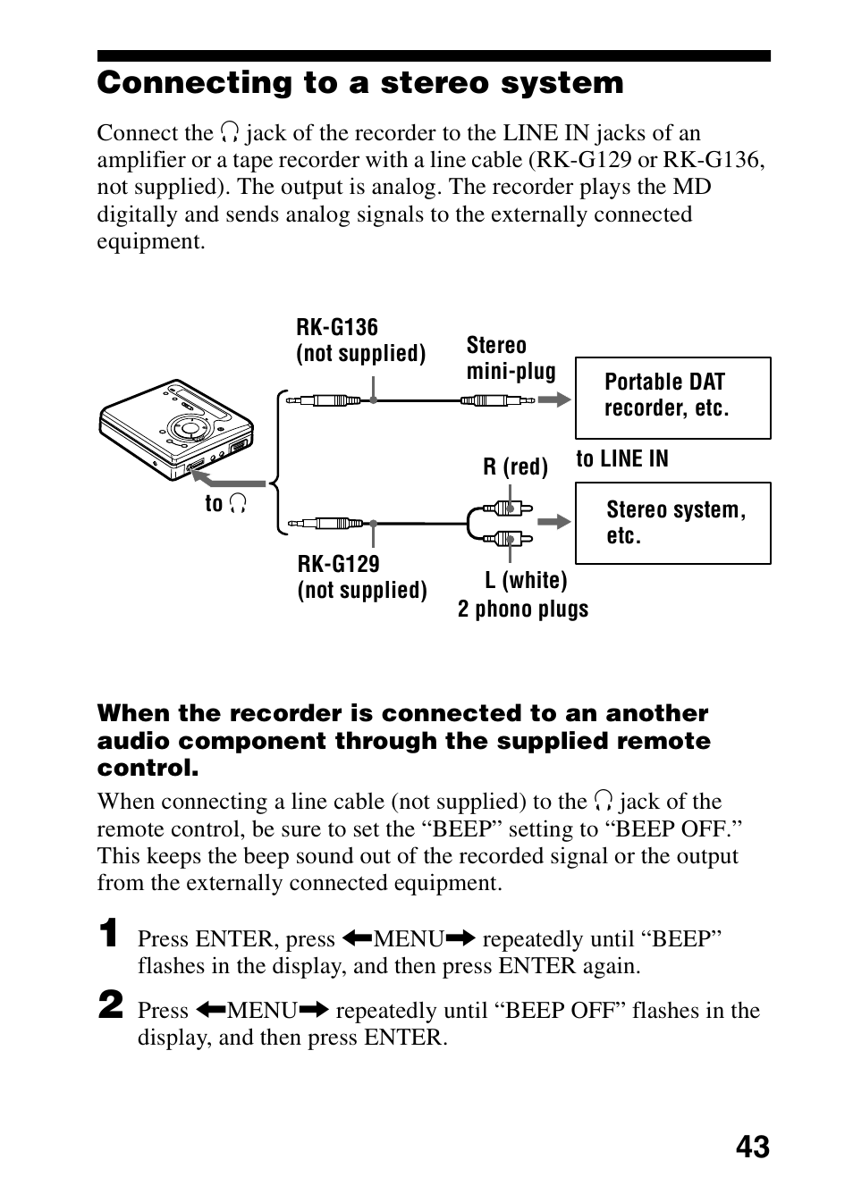 Connecting to a stereo system, 43 connecting to a stereo system | Sony MZ-G750 User Manual | Page 43 / 76