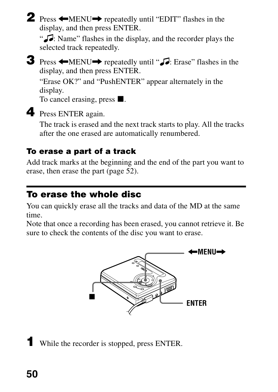 To erase the whole disc | Sony MZ-G750 User Manual | Page 50 / 76