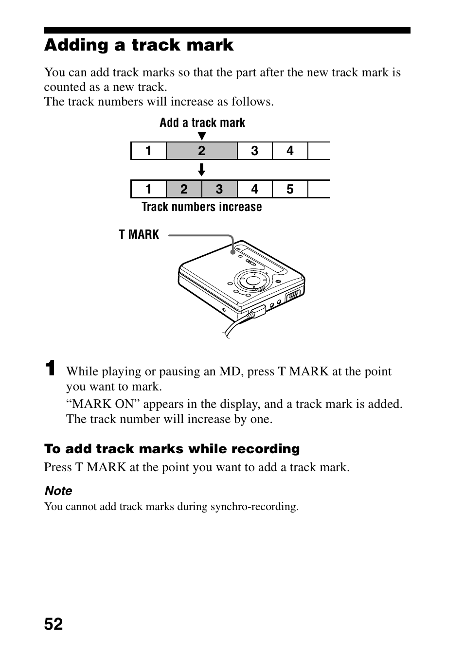 Adding a track mark, 52 adding a track mark | Sony MZ-G750 User Manual | Page 52 / 76