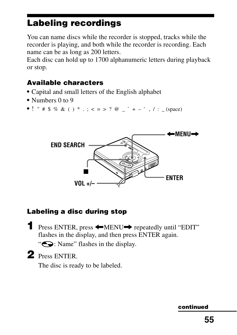 Labeling recordings, 55 labeling recordings | Sony MZ-G750 User Manual | Page 55 / 76