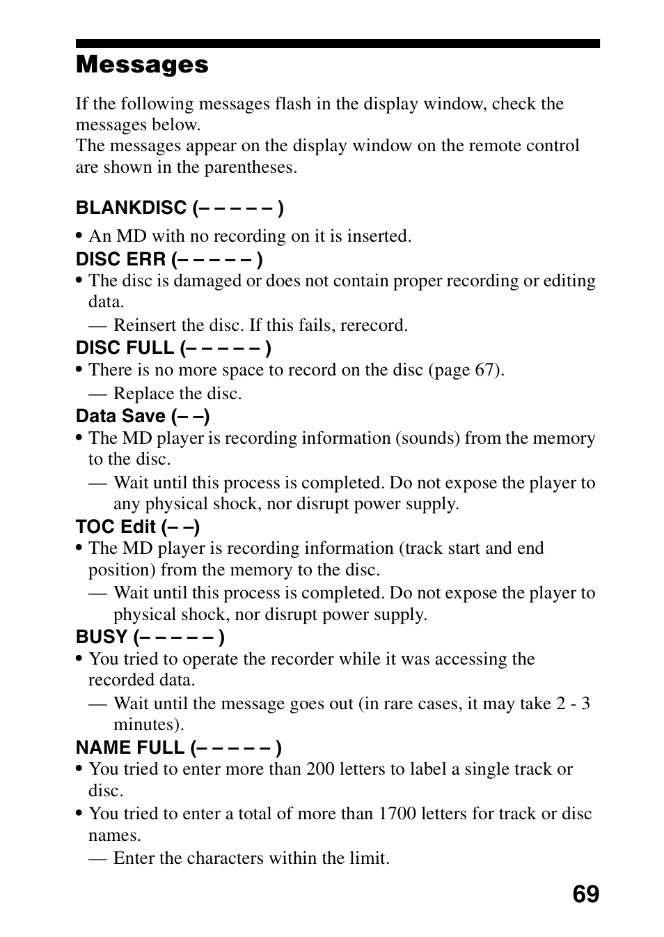 Messages, 69 messages | Sony MZ-G750 User Manual | Page 69 / 76