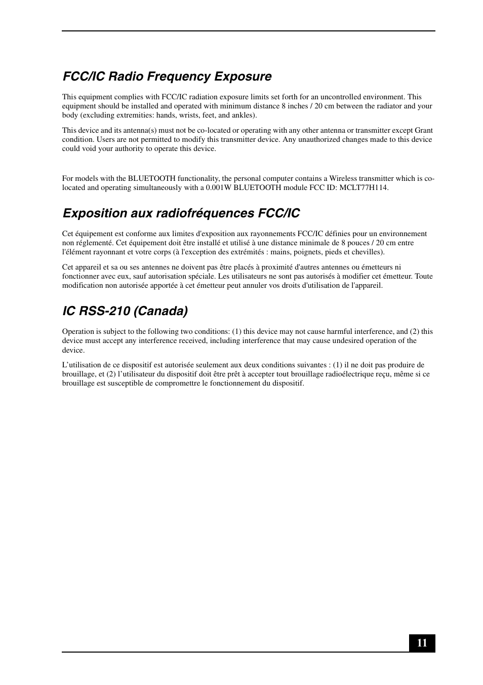 Fcc/ic radio frequency exposure, Exposition aux radiofréquences fcc/ic, Ic rss-210 (canada) | Sony VPCF21AFX User Manual | Page 11 / 32