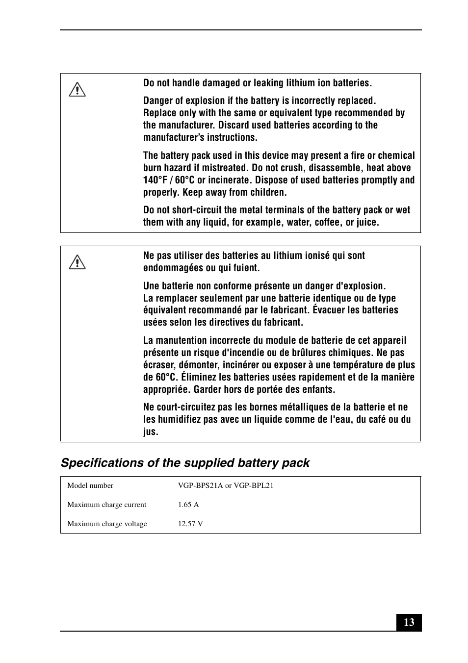 Specifications of the supplied battery pack | Sony VPCF21AFX User Manual | Page 13 / 32