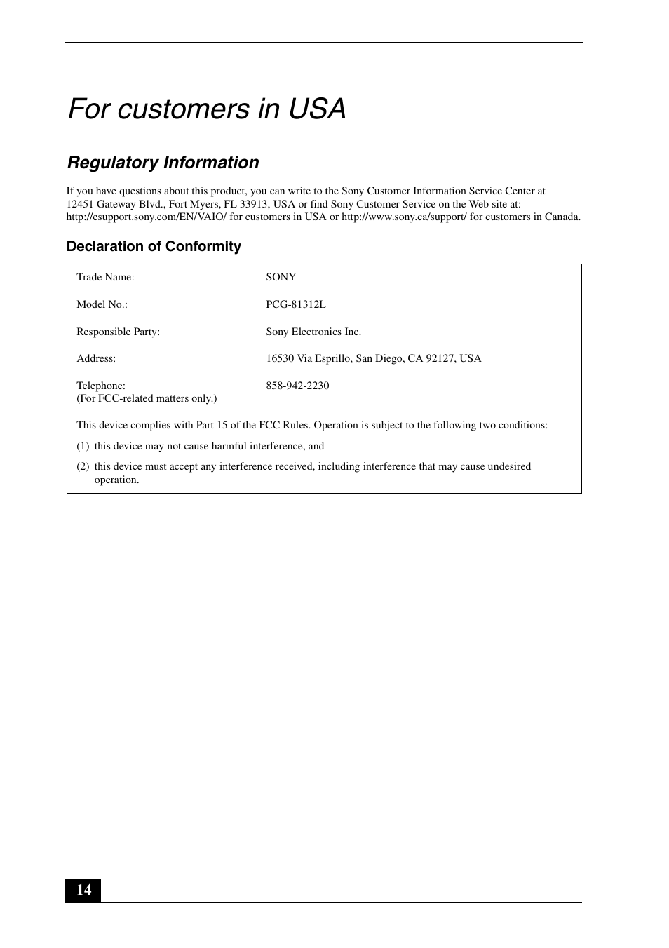 For customers in usa, Regulatory information | Sony VPCF21AFX User Manual | Page 14 / 32