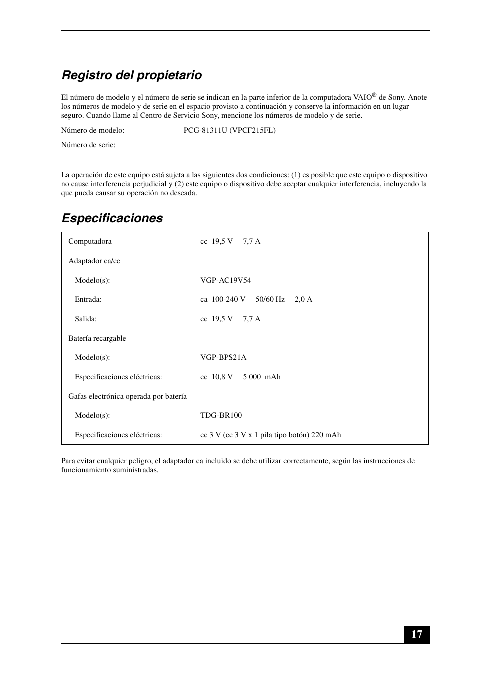 Registro del propietario, Especificaciones | Sony VPCF21AFX User Manual | Page 17 / 32