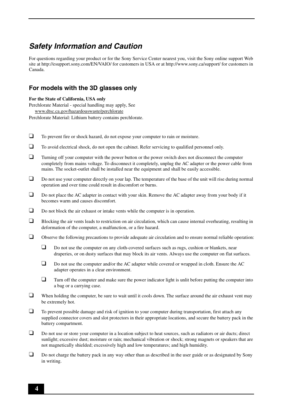 Safety information and caution | Sony VPCF21AFX User Manual | Page 4 / 32