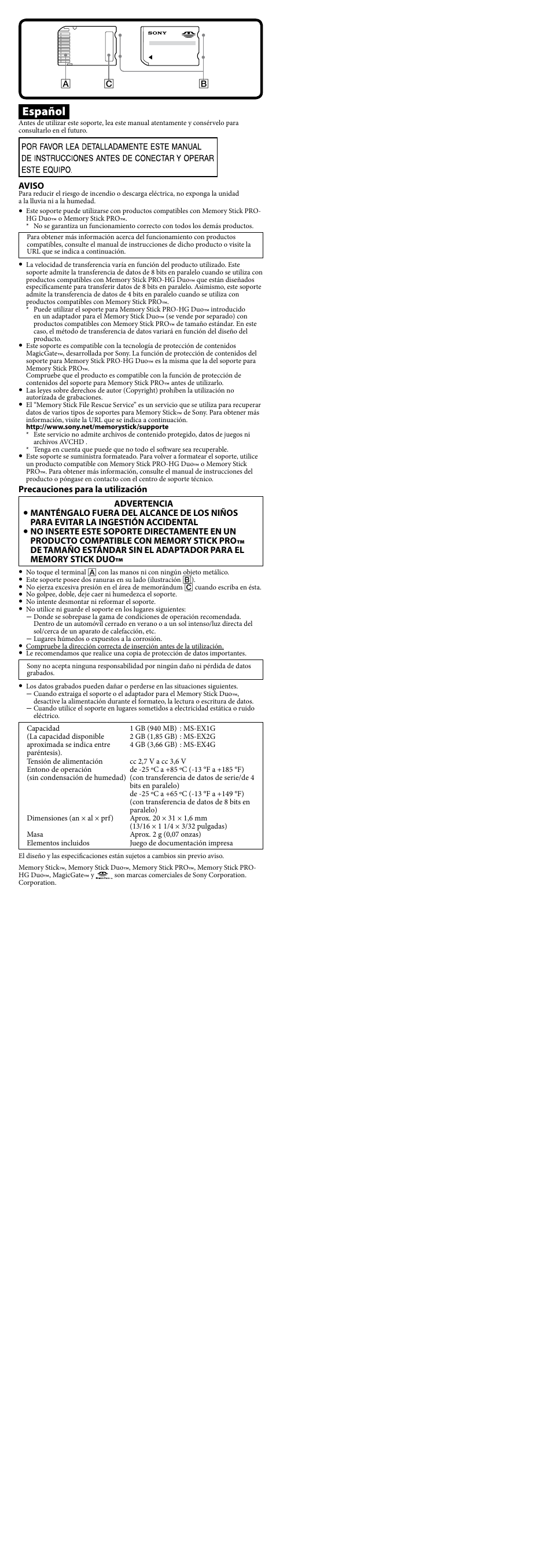 Español | Sony MS-EX1G User Manual | Page 2 / 2