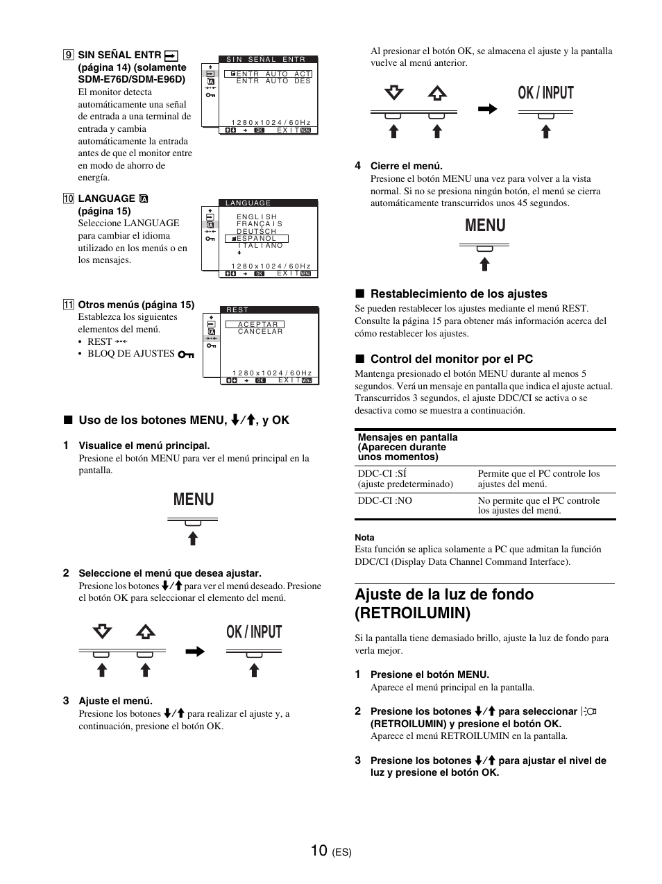 Ajuste de la luz de fondo (retroilumin), Menu ok / input, Ok / input menu | Sony SDM-E76D User Manual | Page 100 / 349