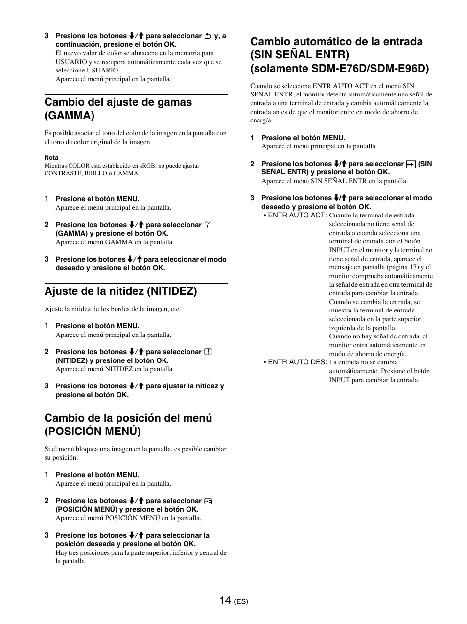 Cambio del ajuste de gamas (gamma), Ajuste de la nitidez (nitidez), Cambio de la posición del menú (posición menú) | Gamma, Nitidez | Sony SDM-E76D User Manual | Page 104 / 349