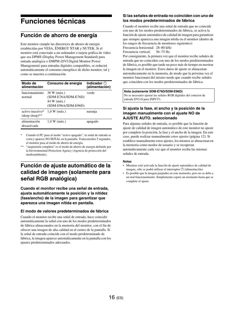 Funciones técnicas, Función de ahorro de energía | Sony SDM-E76D User Manual | Page 106 / 349