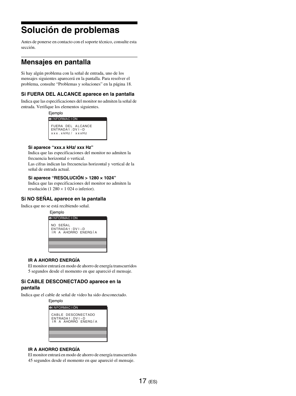 Solución de problemas, Mensajes en pantalla | Sony SDM-E76D User Manual | Page 107 / 349