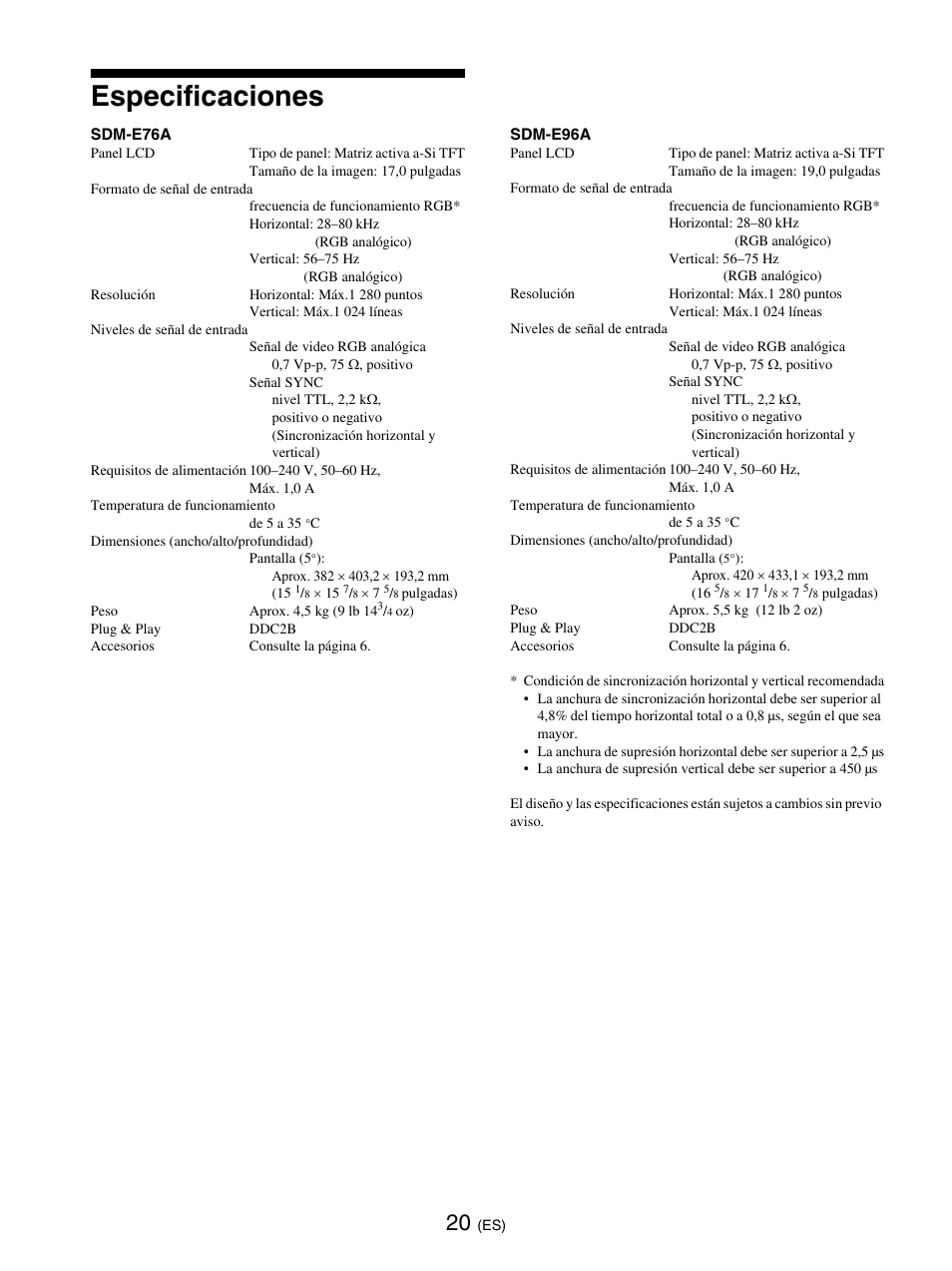 Especificaciones | Sony SDM-E76D User Manual | Page 110 / 349