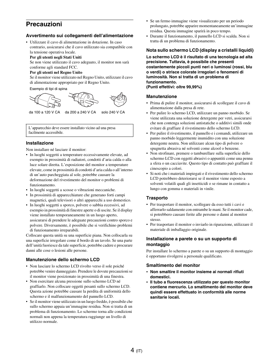 Precauzioni | Sony SDM-E76D User Manual | Page 117 / 349