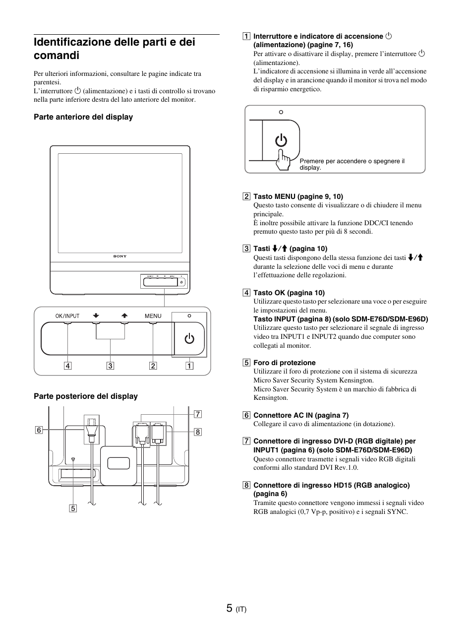Identificazione delle parti e dei comandi | Sony SDM-E76D User Manual | Page 118 / 349