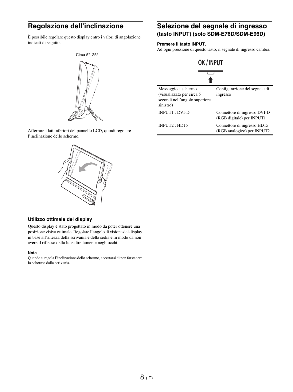 Regolazione dell’inclinazione, Ok / input, Selezione del segnale di ingresso | Sony SDM-E76D User Manual | Page 121 / 349