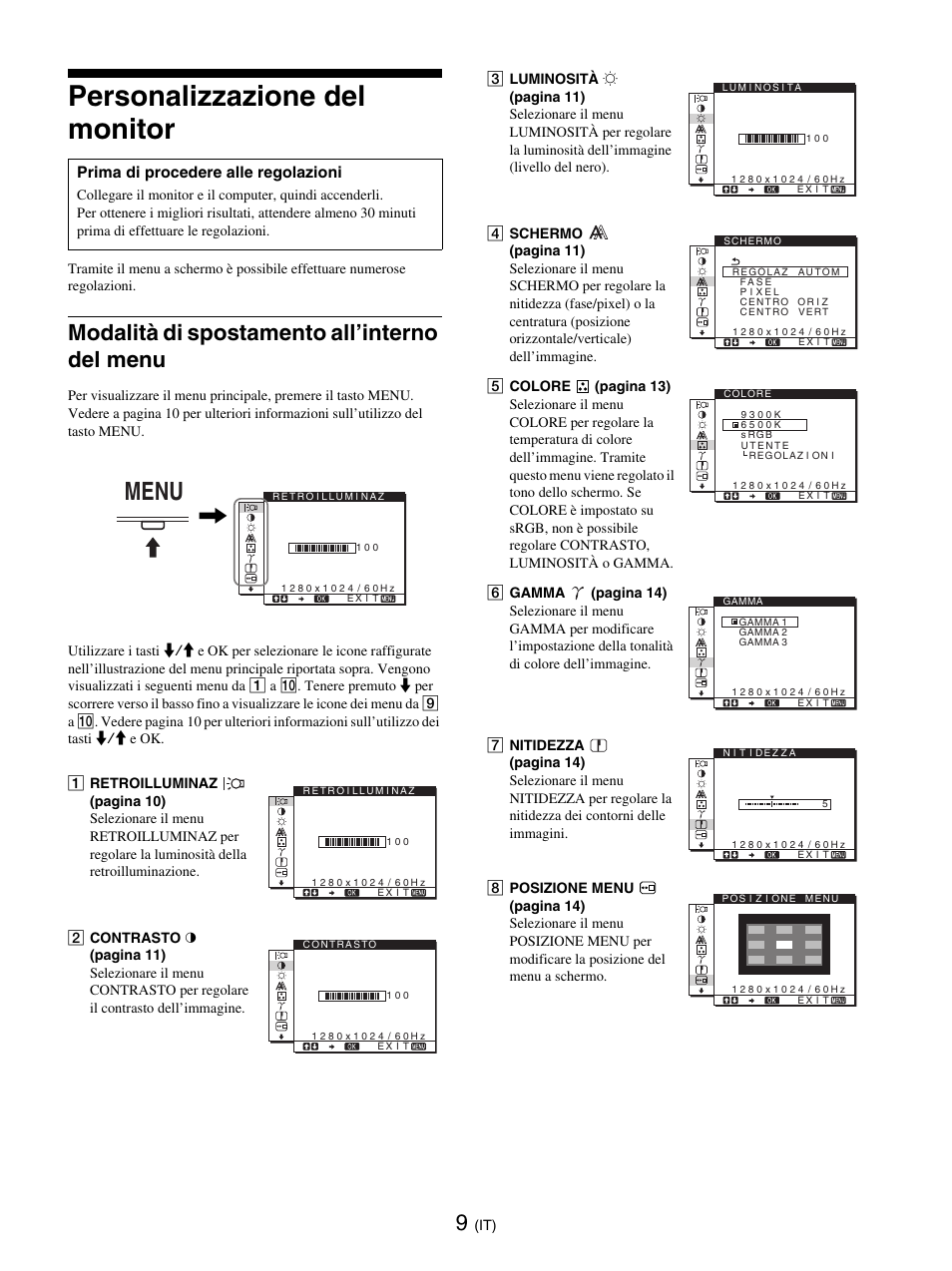 Personalizzazione del monitor, Modalità di spostamento all’interno del menu, Sto menu (pagine 9 | Menu | Sony SDM-E76D User Manual | Page 122 / 349