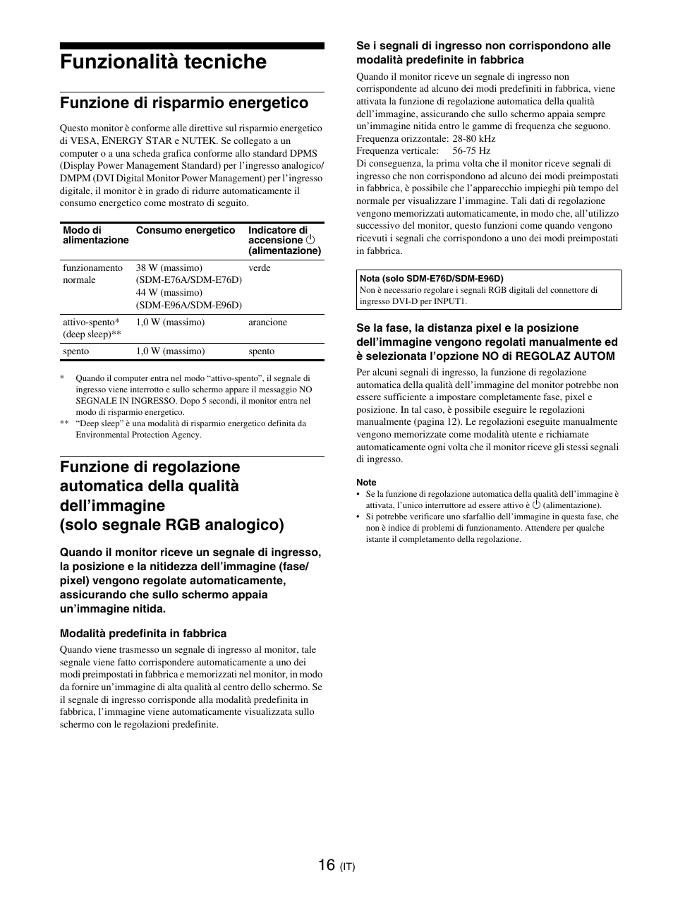 Funzionalità tecniche, Funzione di risparmio energetico | Sony SDM-E76D User Manual | Page 129 / 349