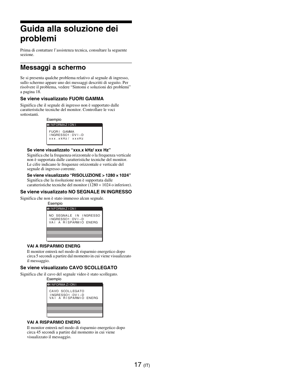 Guida alla soluzione dei problemi, Messaggi a schermo | Sony SDM-E76D User Manual | Page 130 / 349