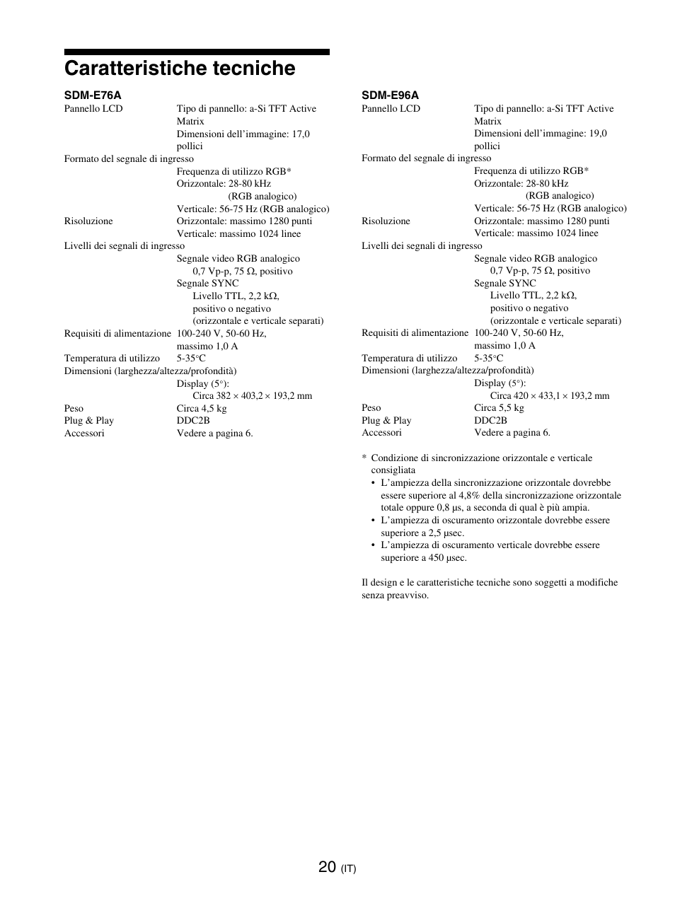 Caratteristiche tecniche | Sony SDM-E76D User Manual | Page 133 / 349