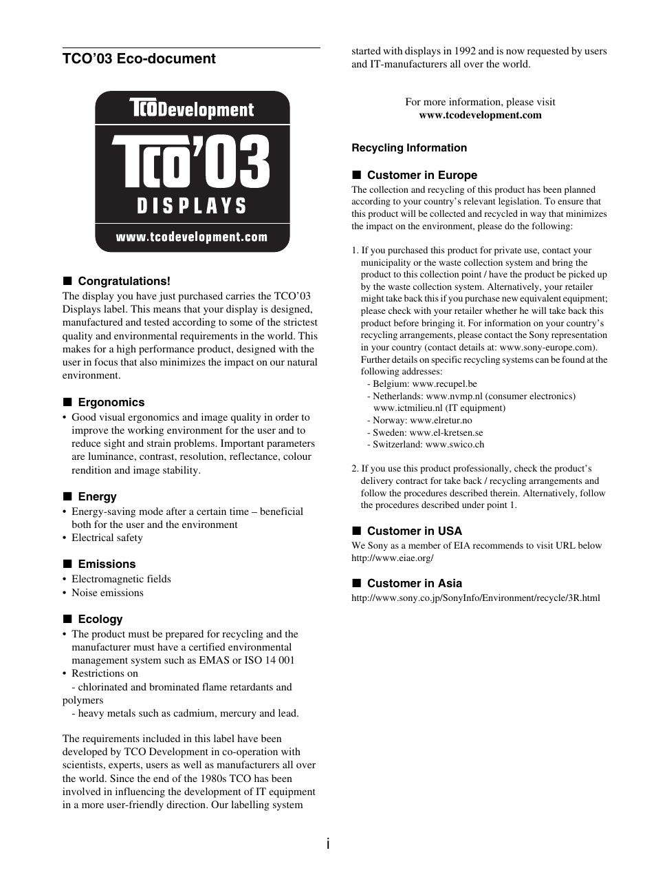 Tco’03 eco-document | Sony SDM-E76D User Manual | Page 135 / 349