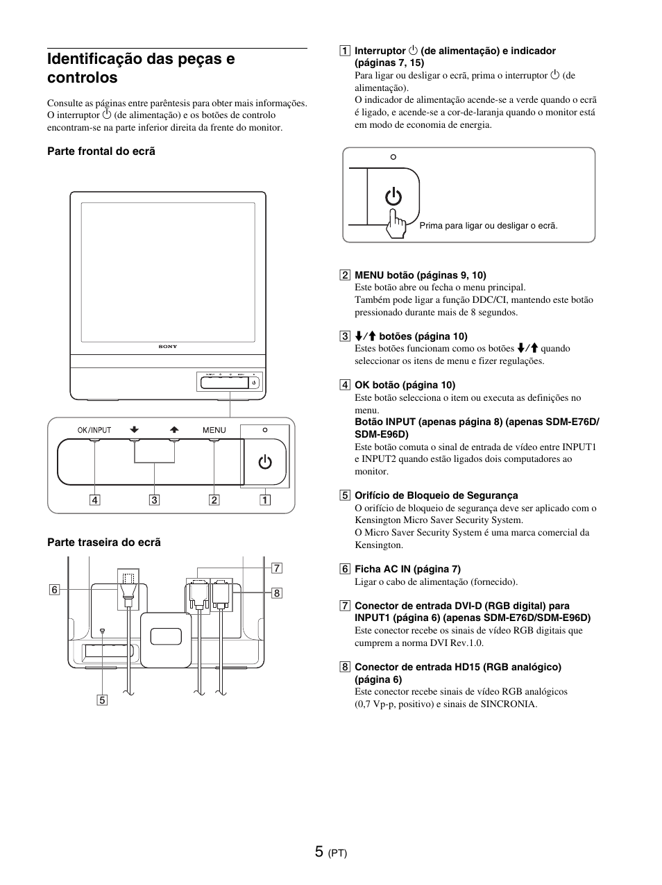 Identificação das peças e controlos | Sony SDM-E76D User Manual | Page 140 / 349
