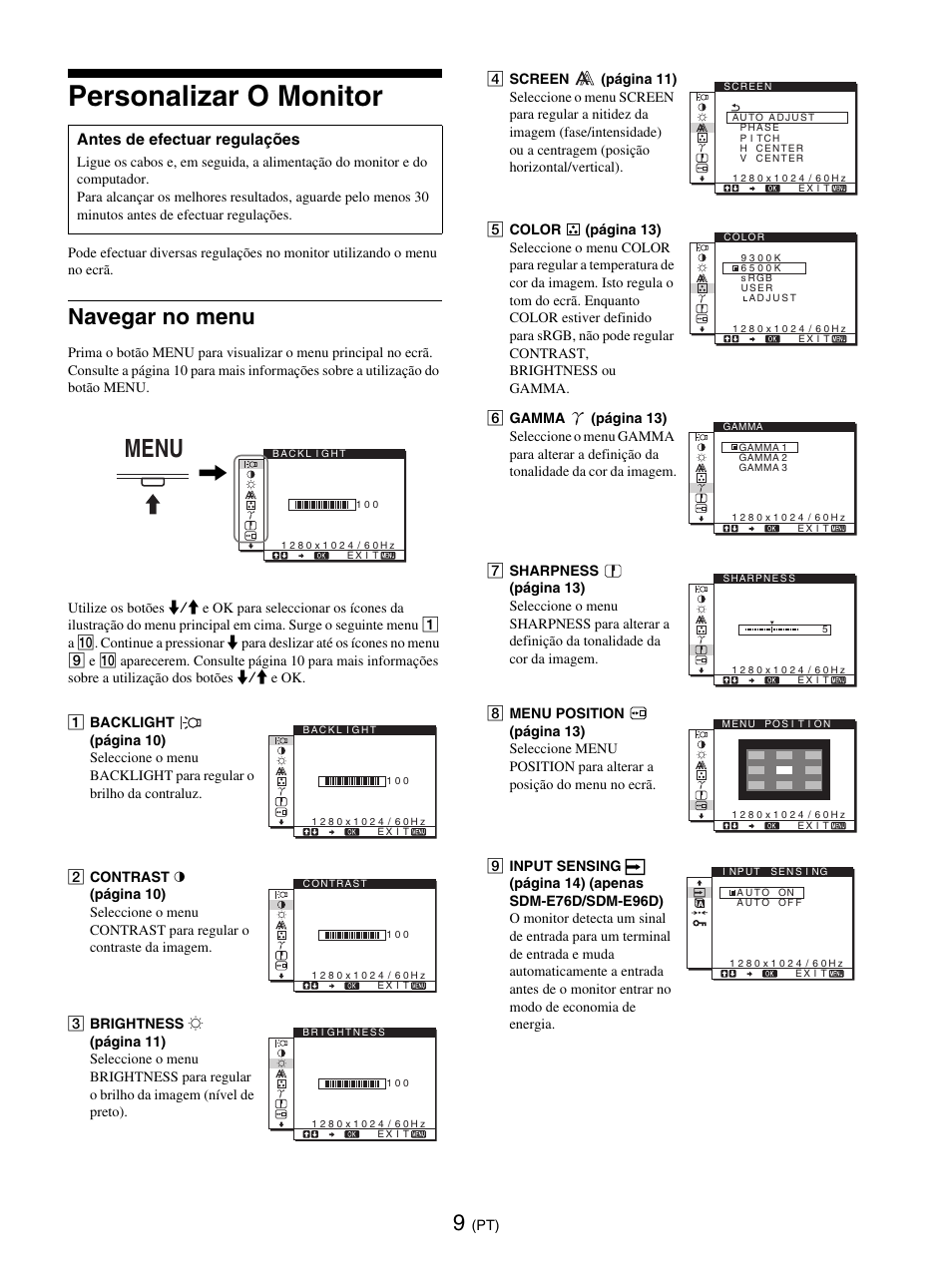 Personalizar o monitor, Navegar no menu, Menu | Sony SDM-E76D User Manual | Page 144 / 349