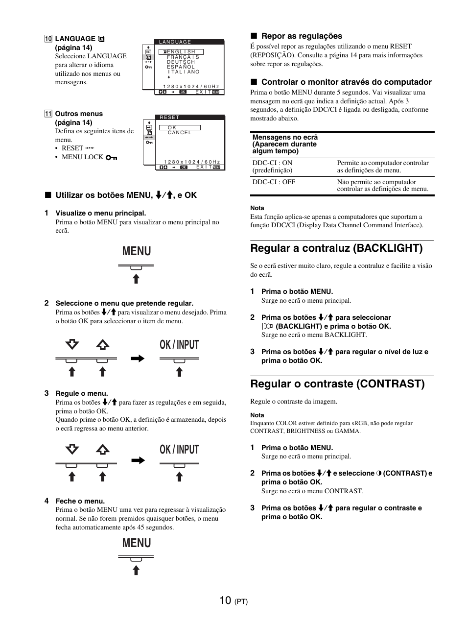 Regular a contraluz (backlight), Regular o contraste (contrast), Menu ok / input | Ok / input menu | Sony SDM-E76D User Manual | Page 145 / 349