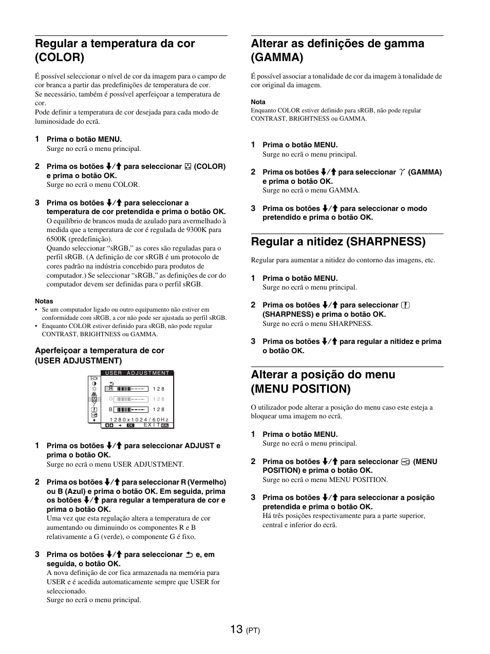 Regular a temperatura da cor (color), Alterar as definições de gamma (gamma), Regular a nitidez (sharpness) | Alterar a posição do menu (menu position), Color, Gamma | Sony SDM-E76D User Manual | Page 148 / 349