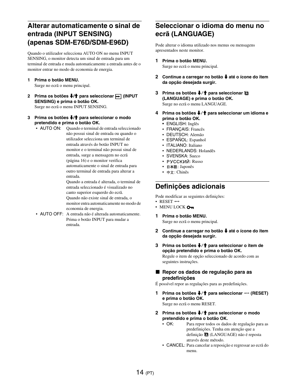 Seleccionar o idioma do menu no ecrã (language), Definições adicionais | Sony SDM-E76D User Manual | Page 149 / 349