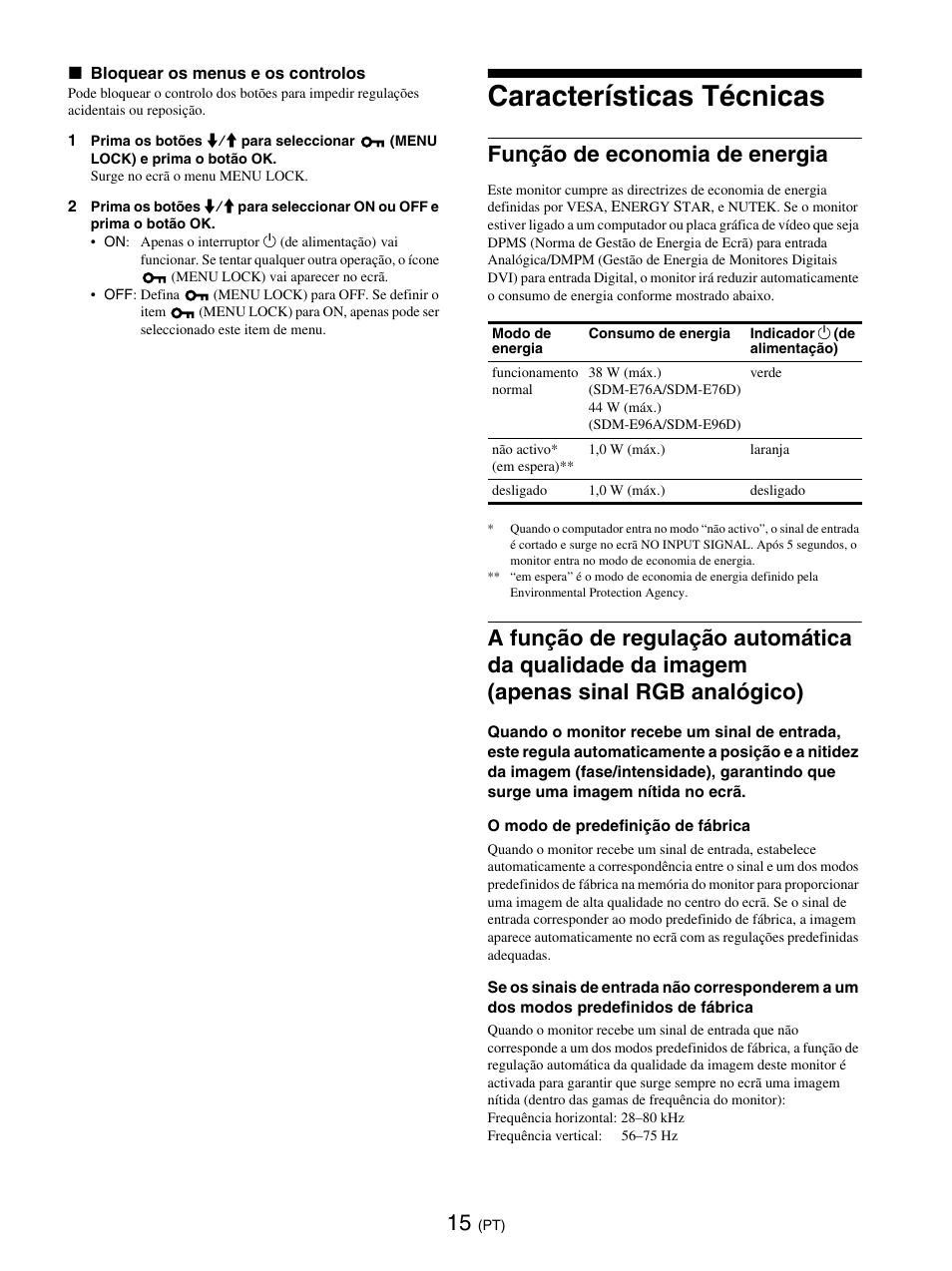 Características técnicas, Função de economia de energia | Sony SDM-E76D User Manual | Page 150 / 349
