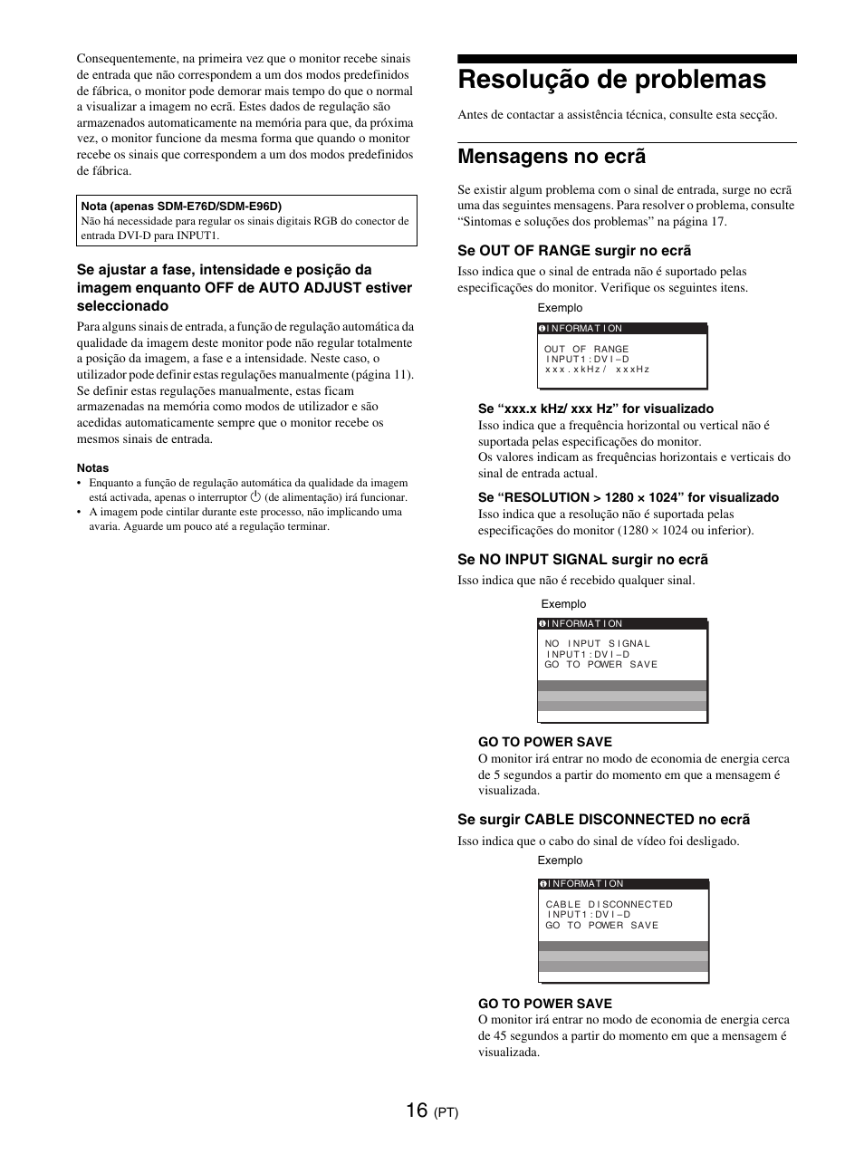 Resolução de problemas, Mensagens no ecrã | Sony SDM-E76D User Manual | Page 151 / 349