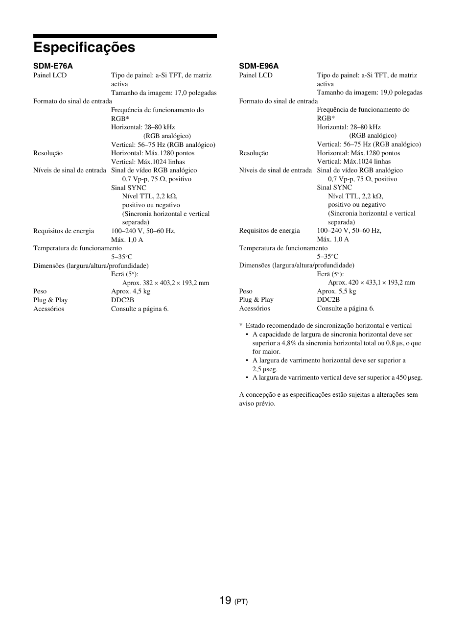 Especificações | Sony SDM-E76D User Manual | Page 154 / 349