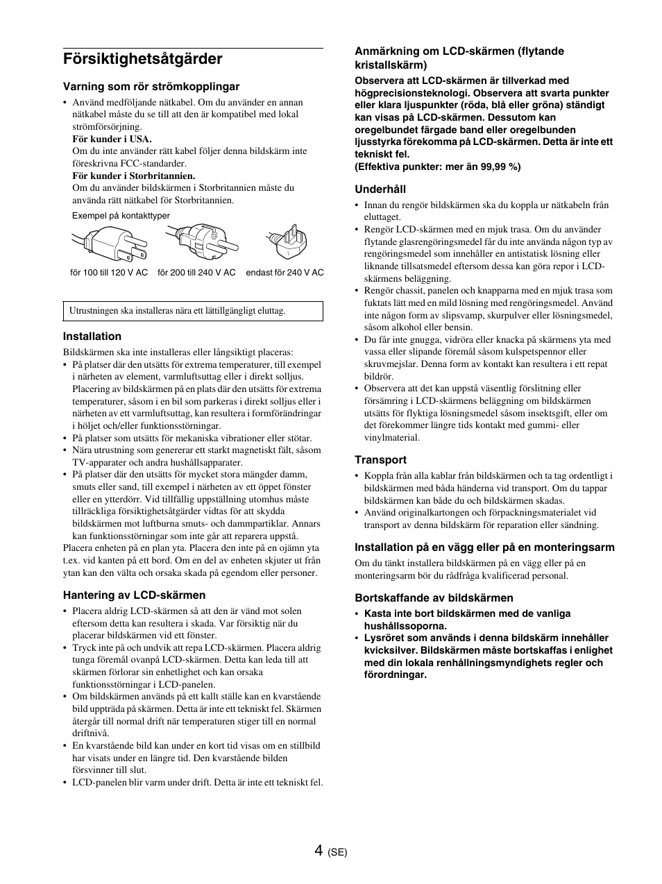 Försiktighetsåtgärder | Sony SDM-E76D User Manual | Page 182 / 349